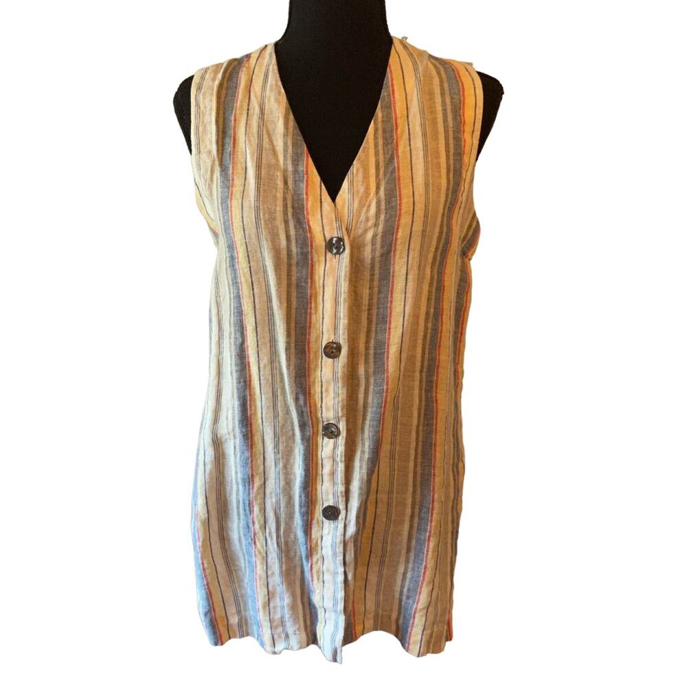 CLASSIQUES ENTIER Striped Linen Button Down Sleeveless Top Size Small